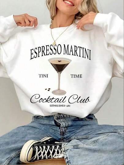 1 PcsWomen's Espresso Martini Cocktail Club Sweatshirt - Tini Time & Martini Social Sweater With Espresso Martini Glass & Vodka Bottle Graphic, Casual Round Neck Long Sleeve Pullover For Martini Lovers, Cocktail Party Outfits, Machine Washable Fall/Winter Apparel, Relaxed Fit H-Line Silhouette, Geometric Martini-Themed Design, Mid-Stretch Fabric For Comfort, Perfect For Casual Wear And Social Gatherings Graphic Crew Neck Sweatshirt,Streetwear Oversized Crew Neck Sweatshirt - Graphic Print Design