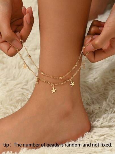 1 st. trendigt sjöstjärnigt gyllene fotlänk med dubbelt lager tofs för tonåringar, (slumpmässig pärlmängd, ej fast), lämplig för sommarresor, stranddekoration
