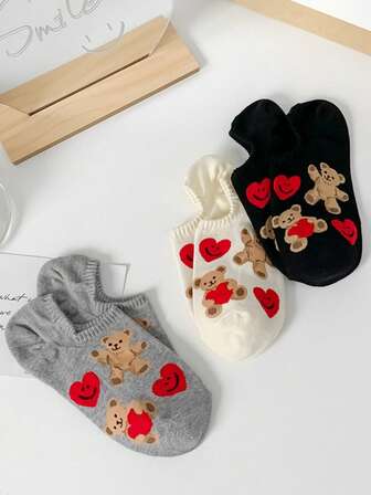 1/3/5/10 Pairs Women's Invisible Short Socks, White/Cute/Black Socks, Cartoon Pattern, Breathable, Moisture-Wicking, Soft, Suitable For Holidays, Sports, Casual, Business, All Seasons, Random Color Combination