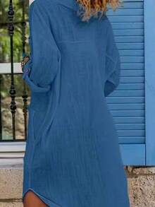 Solid Color Elegant Bohemian Woven Fabric Pocket Button Casual Long Sleeve Dress, Beach & Daily Wear, Spring/Summer - Blue - View 4