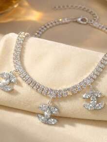 Sparkly Rhinestone Choker Necklace For Women, Silver Tone Double Row Tennis Chain With Crystal Dangling Charms, Bling Y2K Statement Jewelry For Wedding Party Prom Gift - Multicolor - View 5