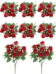 1/2束仿真丝玫瑰花束，11.8英寸假玫瑰，搭配满天星，适用于新娘捧花、周年纪念、婚礼装饰、花瓶装饰、餐桌摆饰及家居装饰、客厅/卧室装饰、情人节派对装饰 - 彩色 - 查看 3