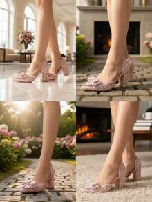 1 Pair Bow Hollow Out Sandals, New Pearl High Heel Pointed Toe Bridal Shoes, Suitable For Women, Wedding And Valentine's Day,Chunky Heels - Pink - View 8
