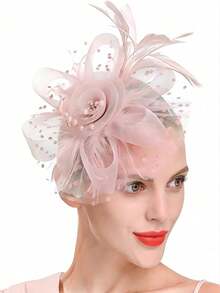 1pc Headpiece Hat Tea Party Hat Veil Flower Hair Clip Headband With Veil For Women, Wedding - Dusty Pink - View 4
