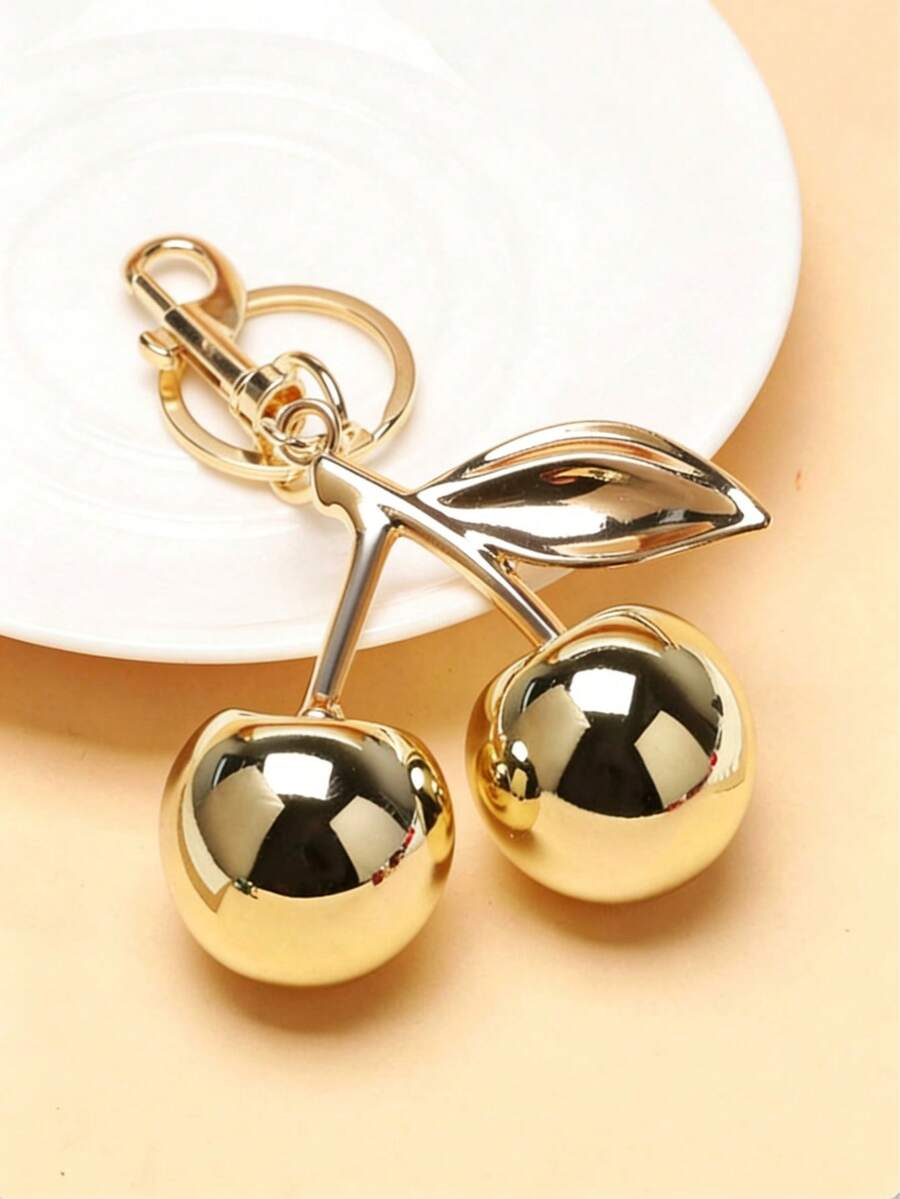 1个女士合金樱桃造型时尚钥匙扣，逼真水果吊坠，包包挂饰，钱包挂件，樱桃钥匙扣 - 金色 - 查看 1