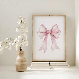 1pc Vintage Millennium Pink Bow Wall Art, Canvas Printed Poster With Ribbon Decor, Suitable For Bedroom, Living Room Or Girls Room Decoration, Available With Or Without Frame