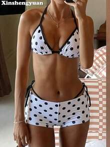 新盛源 2026 3件套新年、情人节服装，显瘦，欧美时尚，奢华印花图案，后背系带，露肩上衣，性感波西米亚波点挂脖露背比基尼，侧边系带泳裤，高弹力泳衣，可拆卸泳垫，可爱柔软的女士褶皱泳衣。 - 彩色 - 查看 6