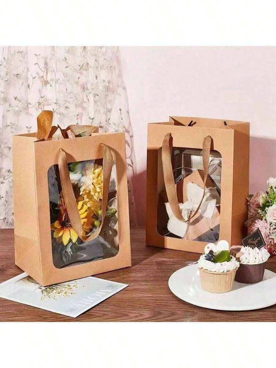 5-20个装牛皮纸袋，带窗口，透明手提袋，适用于教师节、展览、鲜花礼品、纪念品、零售 - 棕色 - 查看 1
