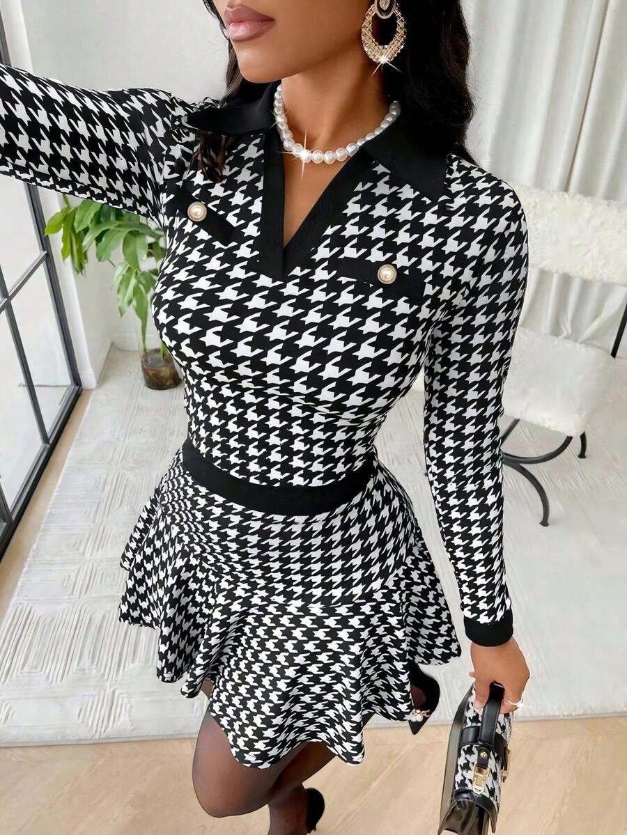 SUNSTORY 女士优雅撞色领格子拼接假口袋长袖收腰迷你A字连衣裙，适合办公室/商务场合，秋冬季穿着 - 黑色 - 查看 1