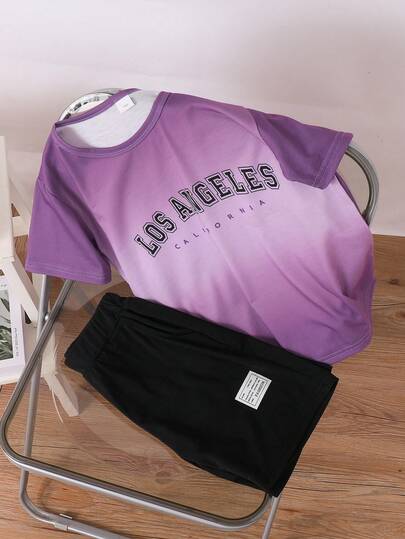 2pcs/Set Boys' Los Angeles Graphic Print Short Sleeve T-Shirt And Shorts Sports Suit, Casual Vacation Outfit For Kids