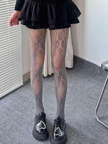 1双女士高端法式复古蕾丝玫瑰连裤袜，高弹力连裤袜，镂空提花塑形紧身裤，渔网袜，复古法式玫瑰花卉图案透明连裤袜 - 彩色 - 查看 9