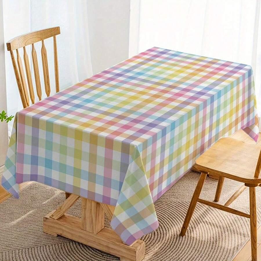 Taplak Meja Motif Kotak-kotak Paskah Berwarna-warni - Dekorasi Pesta Musim Semi yang Lembut, PE, Tenun untuk Dapur dan Meja Makan Bergaya Pedesaan, Aksesori Pesta Musim Semi | Pola Kotak-kotak | Cakupan - Berwarna merah muda - View 1