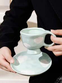 1pc Cute Blue Sky & White Cloud Ceramic Coffee Cup & Saucer Set, Lovely Cartoon Stemware, Birthday Blessing, Party Supplies, Gift For Boyfriend Or Girlfriend - Multicolor - View 4