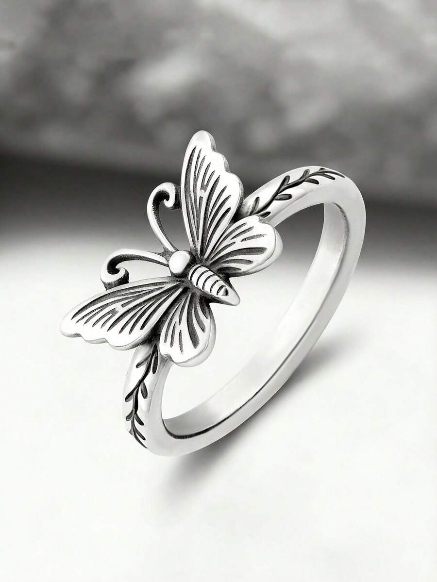 1枚简约独特925纯银复古蝴蝶藤蔓男女通用戒指，精美珠宝礼品
