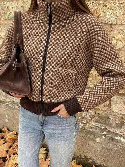 Dam Höst Vinter Rutig Stickad Zip Up Jacka Vintage Stand Collar Långärmad Casual Cardigan