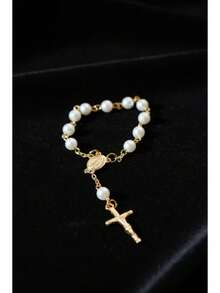 "Cute Faux Pearl Rosary Bracelet With Cross & Virgin Mary Charm - Dainty Religious Spiritual Jewelry For Women Daily Wear" - Pearl - View 2