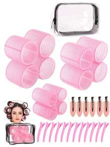 31件套，包含1个透明旅行洗漱包、12个大号卷发棒和18个发夹，自粘式卷发器，适用于长发/中长发/短发和刘海，DIY卷发工具 - 彩色 - 查看 18