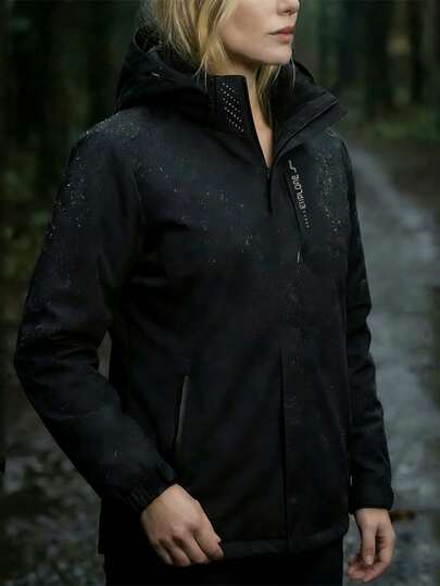 Women's Solid Black Waterproof Hooded Windbreaker Jacket, Zipper Outdoor Hiking Coat With Pockets And Letter Decor