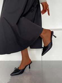 Fashionabla spetsiga tåsandaler med rosett, höga klackar för kvinnor, bekväma mångsidiga sandaler med stängd tå och rygglösa ryggar - Svart - Visa 11