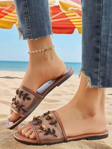 2026新款优雅女士咖啡色圆头平底拖鞋，手工串珠及3D亮片花卉刺绣室内/室外拖鞋，穆勒鞋，网眼透气，适合度假、休闲、派对及娱乐场合 - 咖啡棕 - 查看 4