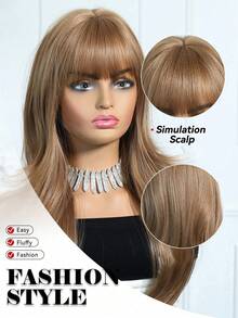 Tóc giả dài 24 inch, kiểu gợn sóng, có mái, chân tóc màu nâu sẫm, tóc giả màu nâu ombre điểm xuyết vàng, tóc giả tổng hợp chịu nhiệt, thích hợp cho sử dụng hàng ngày, dự tiệc, cosplay. - màu nâu - Xem 6