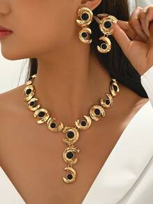 Bộ trang sức nữ 2 món - Dây chuyền và hoa tai hình chữ Y kết hợp xoắn ốc bất đối xứng màu đen hình bầu dục bằng acrylic, phong cách cổ điển thanh lịch, thích hợp đeo hàng ngày, ngày lễ, tiệc tùng - bạc + đen - Xem 7