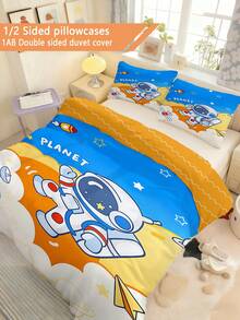 2/3PCS Children's Cartoon Astronaut Themed Bedding Set 100% Polyester (1AB Double-Sided Duvet + 2 Single-Sided Pillowcases)3D Printed Cartoon Suitable For Decorating Children's Bedrooms, Kindergarten Nap Rooms, Or Boys' Rooms, It Can Be Used As A Birthday Or Holiday Gift. Size 90 * 200/135 * 200/140 * 210 Comes With One Pillowcase (Excluding Padding) - Multicolor - View 3