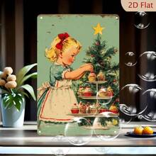 2D Flat Retro Style Metal Tin Sign, 1 Piece - Large 12x8 Inch Medieval Modern Style Christmas Wall Decoration, Includes Plaid Dress Girl And Mint Green/Red Festive Cupcake - High Quality - View 2