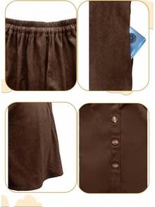 Women's Corduroy Mini Skirt - Button Front, A-Line Pleated With Pockets & Skater Style - Dark Brown - 查看 5