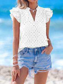 Women Summer V Neck Ruffle Cap Sleeve Hollow Out Eyelet Embroidered Double Layer Boho Shirts Casual Pullover Blouses Dressy Outfits Tops - White - View 3