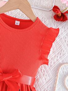 Young Girl Summer New Ruffled Sleeve Ribbed Splice Cute Watermelon Print Fashion Dress - Red - View 4