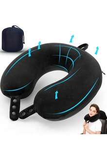 Memory Foam Travel Neck Pillow, Best Soft Adjustable Head & Neck Support Pillow For Airplane, Car, Recliner, Travel Rest Accessories, Sleeping Aid For Holiday, Camping, Office, Airplane - 黑色 - 查看 6