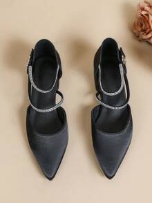 女士新款水钻交叉尖头无后跟平底鞋，适合伴娘、日常通勤和宴会场合 - 黑色 - 查看 6