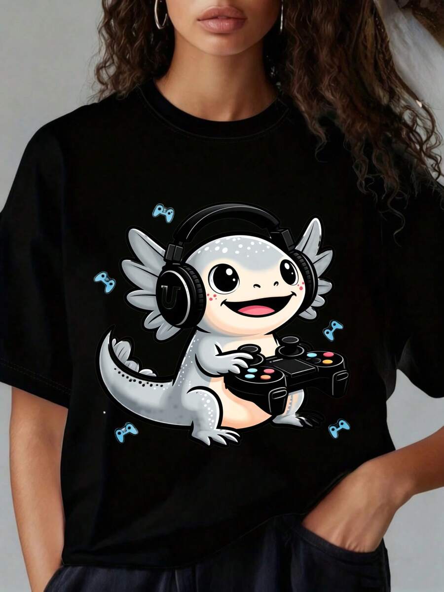 Women's T-Shirt With Round Neck And Short Sleeves, Fun PrintingCute Axolotl Gaming T Shirt With Headphones And Controller Design For Gamers And Animal LoversSuitable For Valentine's DayChristmas Partysports Activitiesholiday Partiesoutingssports And Other Holiday Gifts (220g). - màu đen - Xem 1