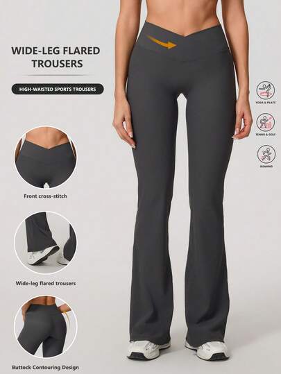 1 par de leggings de yoga de cintura alta con frente cruzado para correr y hacer deporte, leggings acampanados con control de abdomen y levantamiento de glúteos, leggings de capa base de pierna ancha