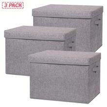 3 Pack Large Foldable Storage Box With Lids Fabric Storage Cube Organizer Cloth Containers Bins Baskets For Closet Clothes Clothing Bed Room - Grey 3 Pack - View 4