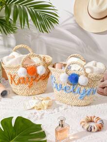 Personalized Woven Bridesmaid Bag, Bachelorette Party Tote, Custom Handled Gift Basket And Beach Bag, Gift For Weddings, Colorful DIY Burr Basket - Multicolor - View 6