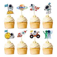 24 件飞机、地图、宇航员、地球、星星、月亮蛋糕装饰，婴儿太空主题派对蛋糕装饰 - 彩色 - 查看 3