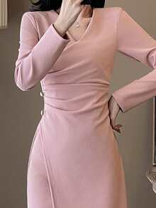 ELYRADIA Đầm dạ hội trang trọng, màu trơn, chất liệu vải dệt thanh lịch, kiểu dáng xoắn chéo, bất đối xứng, thích hợp cho mùa xuân/hè. - Màu Hồng baby - Xem 8