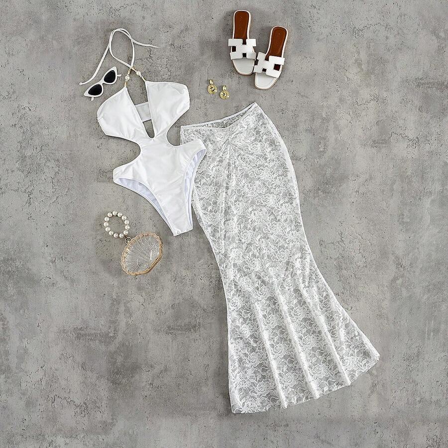 Bộ 2 bộ bikini một mảnh hở lưng phối ren đính hạt thanh lịch, trang phục đi nghỉ cho mùa xuân/hè - trắng - Xem 1