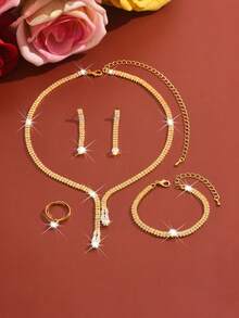 1 Set Women's Gold Rhinestone 4-Piece Jewelry Set (Necklace + Bracelet + Ring + Earrings), Lightweight Copper Material, Suitable For Eid Celebration, Wedding Parties And Holiday Gifts - Gold - View 5
