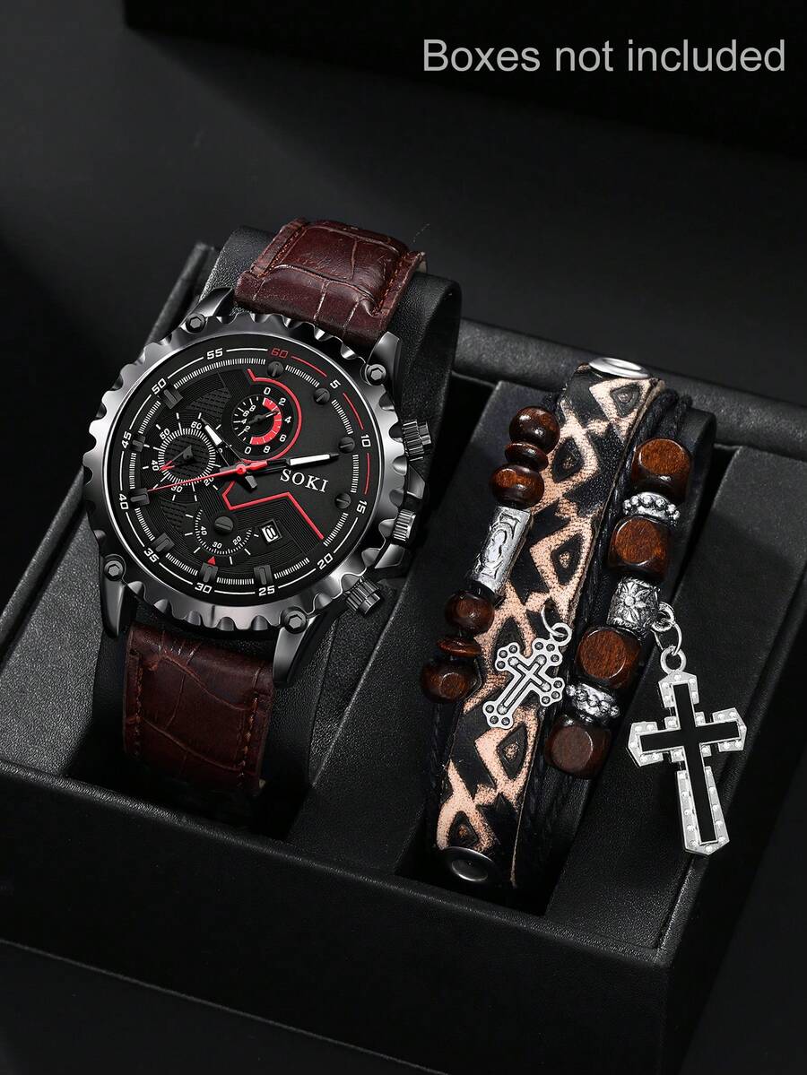 LIANDU LIANDU 1 Set Men's Watch, Casual & Fashionable, Large Dial With Calendar Function, PU Leather Strap Quartz Watch. Includes 1 Matching Cross-Grain Leather Strap. Suitable For Daily Wear Or As A Gift. No Packaging Box Included. - Brown - View 1