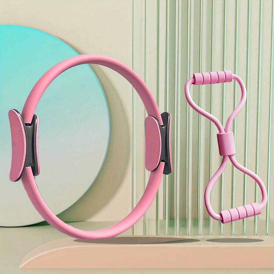 2pcs/Set Pilates Ring Set, Home Workout Yoga Circle & Resistance Band, Essential For Shaping, Fitness Set - Pink - View 1