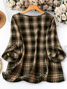 加大码格子梭织面料圆领衬衫，女士时尚常规长度七分袖衬衫 - 黑色 - 查看 2