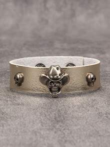 时尚骷髅头合金皮手链，可调节扣环，适合狂欢节、摇滚音乐派对等场合，男女皆宜。