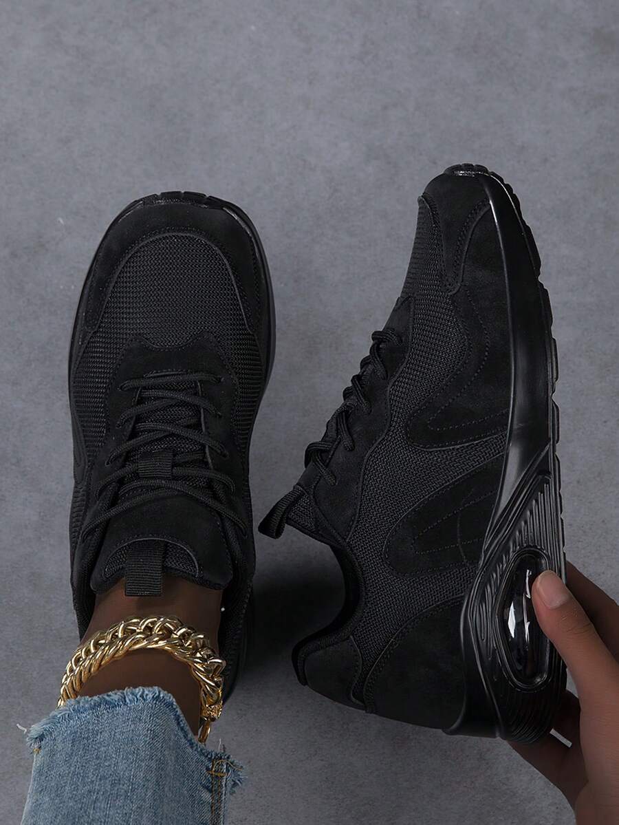 女士舒适气垫厚底运动鞋，圆头系带休闲增高鞋 - 黑色 - 查看 1