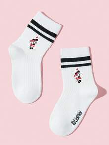 Disney 1/5双装迪士尼女孩/儿童设计运动双横条纹中筒袜，个性化卡通爱心米妮米奇/黛丝唐老鸭图案装饰，多功能透气吸湿中筒袜，简约休闲精致柔软亲肤学院风蕾丝袜，适合日常穿着、校园活动、派对、休闲活动，多种组合可选 - 彩色 - 查看 5
