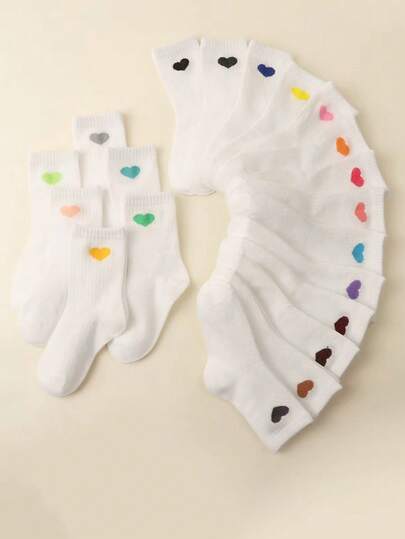 12 Pairs Cute Heart Print Solid White Ankle Socks, Random Mix, Suitable For All Seasons