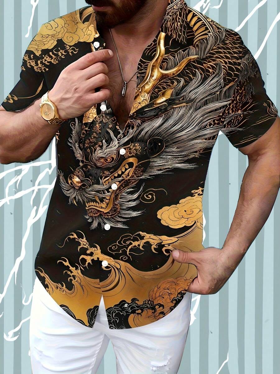 Men'S 3D Dragon Print Shirt - Asian Culture Style, Bold Graphic Print, Short Sleeve, Casual Summer Wear, Black With Golden Accents, Stylish Lapel Collar, Comfortable Fit For Casual Attire - 彩色 - 查看 1