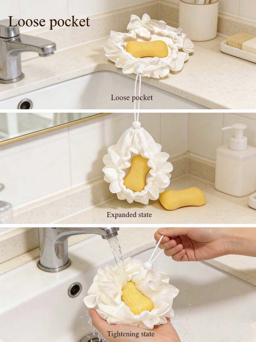 1pc 2-In-1 Expandable Bath Sponge With Soap Pouch Design & Exfoliating Texture, Large Double-Sided Soft Body Scrubber, Gentle Cleansing & Light Beige Smooth, Bathroom Accessory, Bath Tub Enhancer - Multicolor - View 1